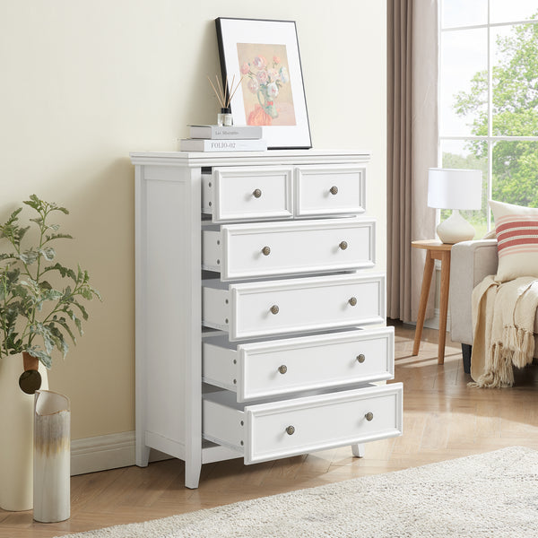 Modern 6-Drawer Dresser Cabinet, White Chest of Drawers for Bedroom, Living Room & Clothes Storage