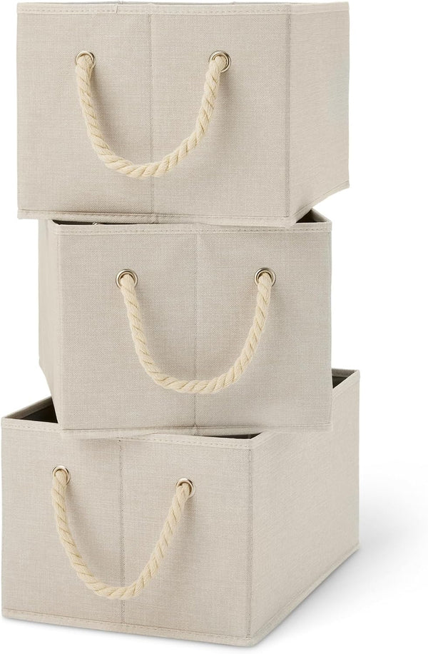 3-Pack Foldable Storage Bins with Rope Handles, Collapsible Closet & Linen Organizer Boxes for Home