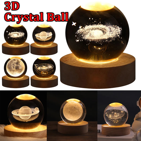 Galaxy Crystal Ball LED Night Light, 3D Planet & Moon Table Lamp for Bedroom, Kids & Party Decor