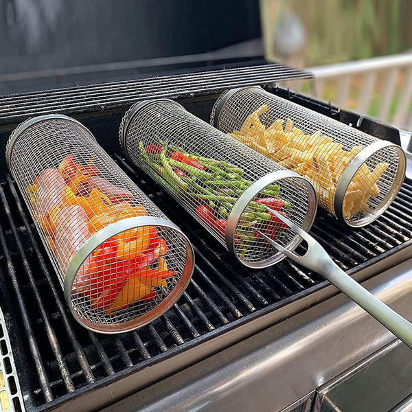 Rolling BBQ Grill Basket, Portable Metal Barbecue Basket for Outdoor Camping & Grilling