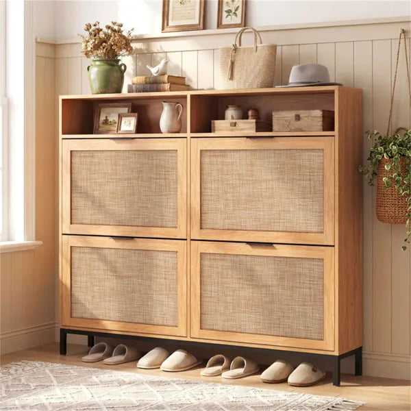 Boho Shoe Cabinet with 4 Flip Drawers & Open Shelves, Freestanding Entryway Shoe Organizer - Image  - Buy from fishymint