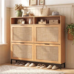Boho Shoe Cabinet with 4 Flip Drawers & Open Shelves, Freestanding Entryway Shoe Organizer - Image  - Buy from fishymint