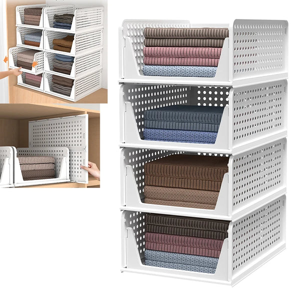 4-Pack Stackable Foldable Storage Drawers, White Closet & Home Organizers for Bedroom and Kitchen