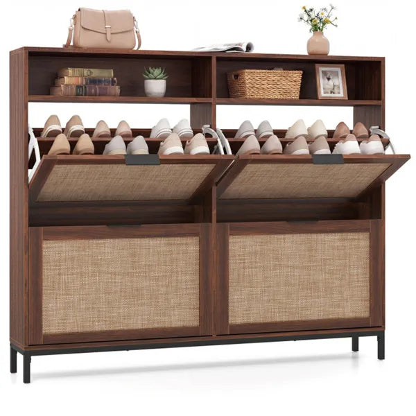 Boho Shoe Cabinet with 4 Flip Drawers & Open Shelves, Freestanding Entryway Shoe Organizer - Image  - Buy from fishymint