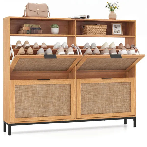 Boho Shoe Cabinet with 4 Flip Drawers & Open Shelves, Freestanding Entryway Shoe Organizer - Image  - Buy from fishymint