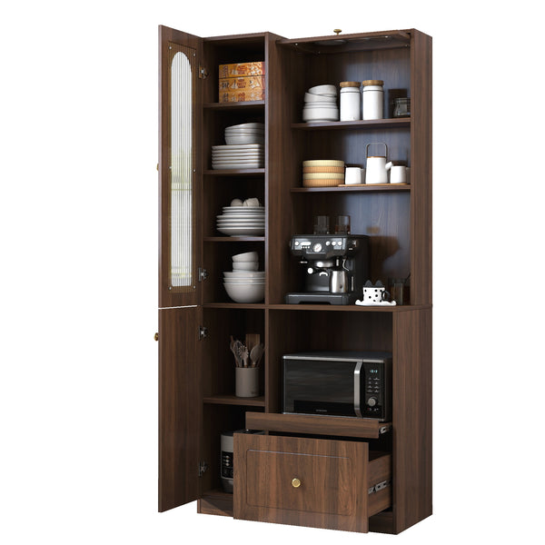 Farmhouse Kitchen Pantry Cabinet with 3 Doors & Pull-Out Shelves, Multi-Tier Storage Organizer