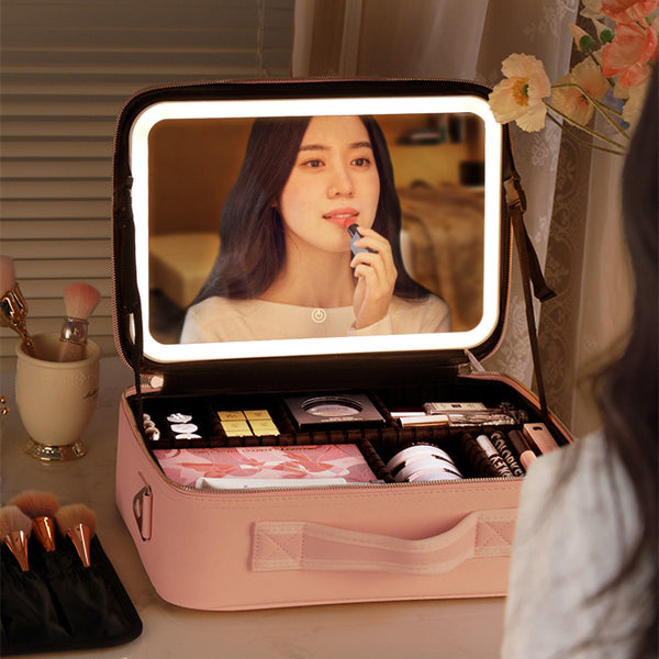 Smart LED Makeup Case with Mirror, Large Cosmetic Organizer Bag for Travel & Beauty Essentials