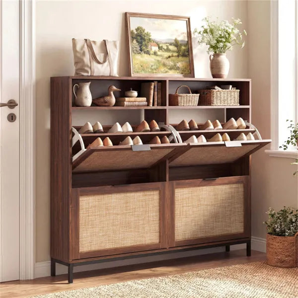 Boho Shoe Cabinet with 4 Flip Drawers & Open Shelves, Freestanding Entryway Shoe Organizer - Image  - Buy from fishymint