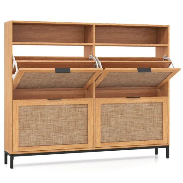 Boho Shoe Cabinet with 4 Flip Drawers & Open Shelves, Freestanding Entryway Shoe Organizer - Image  - Buy from fishymint