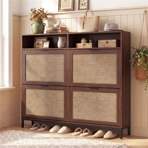Boho Shoe Cabinet with 4 Flip Drawers & Open Shelves, Freestanding Entryway Shoe Organizer - Image  - Buy from fishymint