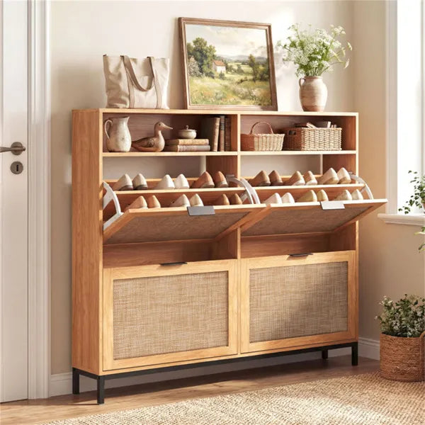 Boho Shoe Cabinet with 4 Flip Drawers & Open Shelves, Freestanding Entryway Shoe Organizer - Image  - Buy from fishymint