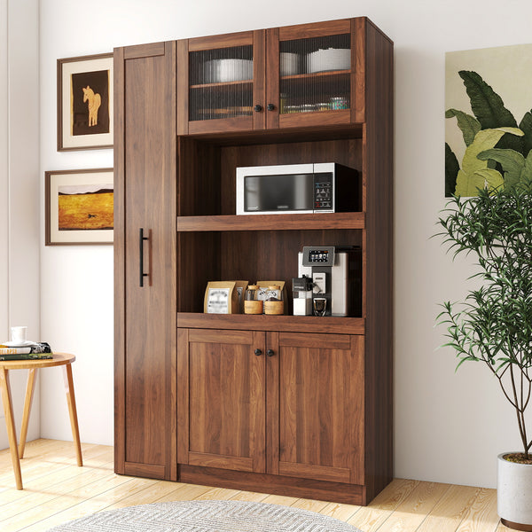 Farmhouse Kitchen Pantry Cabinet with 4 Doors & Pull-Out Shelves, Multi-Tier Storage Organizer