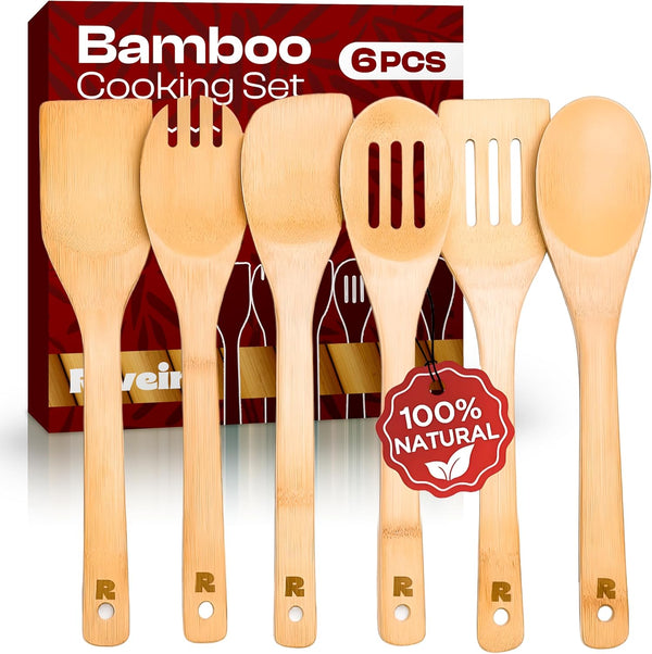 Bamboo Cooking Spoons 6-Piece Set | Wooden Kitchen Utensils