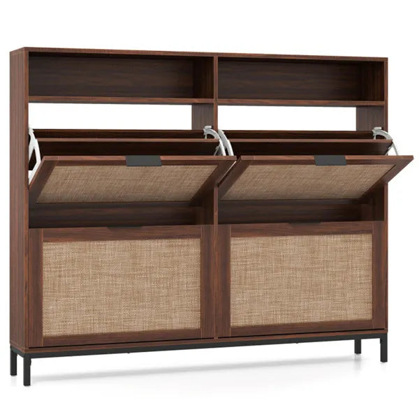 Boho Shoe Cabinet with 4 Flip Drawers & Open Shelves, Freestanding Entryway Shoe Organizer - Image  - Buy from fishymint